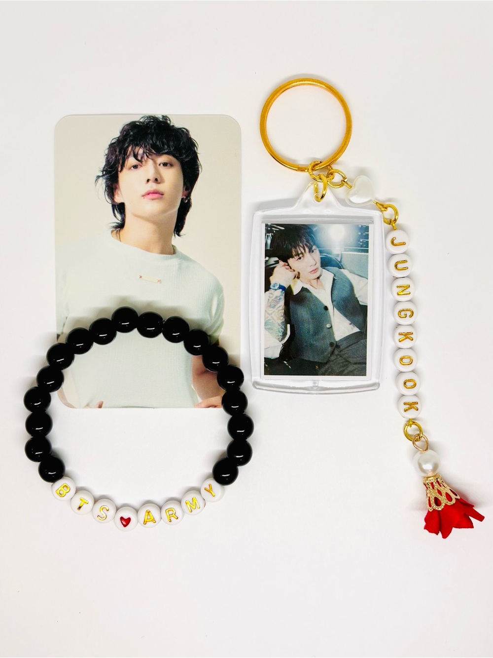 (3pcs) BTS JUNGKOOK PHOTO KEYCHAIN BRACELET PHOTOCARD BUNDLE